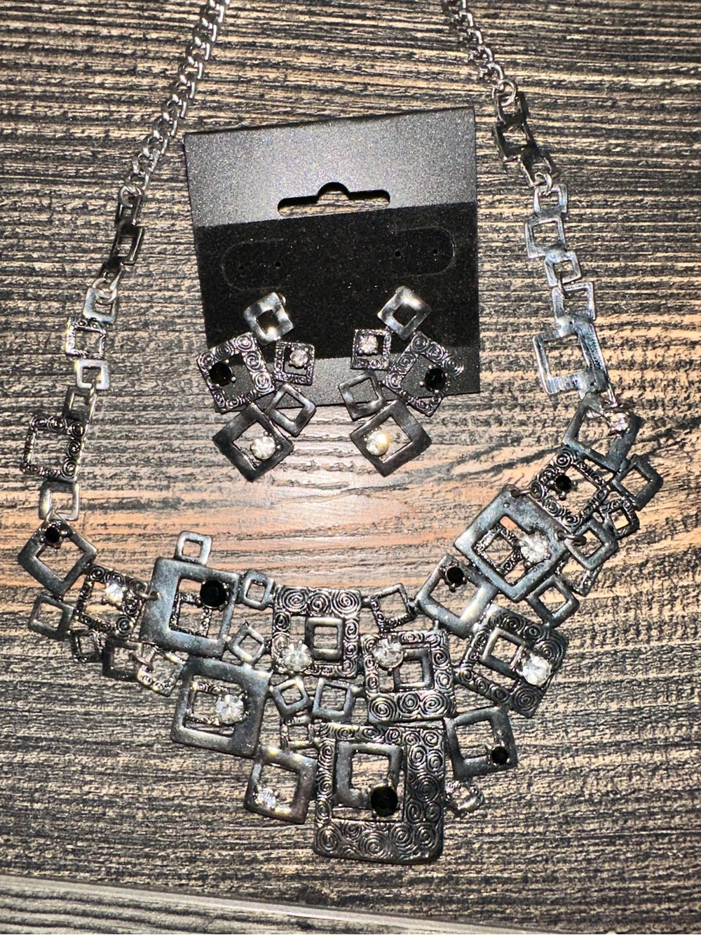 Vintage Statement Silver Tone Geometric Necklace/Earring Set, Square Design